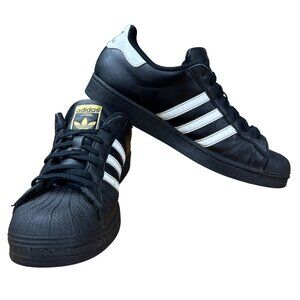 👟 Adidas Superstar Mens 12 Black Leather Original Shell Toe EG4957 EUC